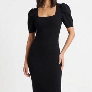 DKNY Black Ribbed Knit Dress Square Neck Puff Sleeve Short Sleeve Midi Size L